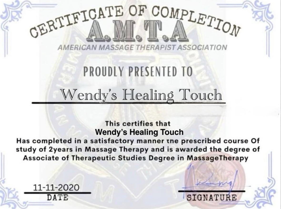 Certificate of completion displayed by Wendy's Healing Touch